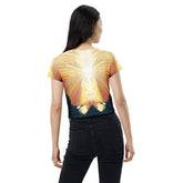 Close-up of SurArt 71 crop tee's unique print design.